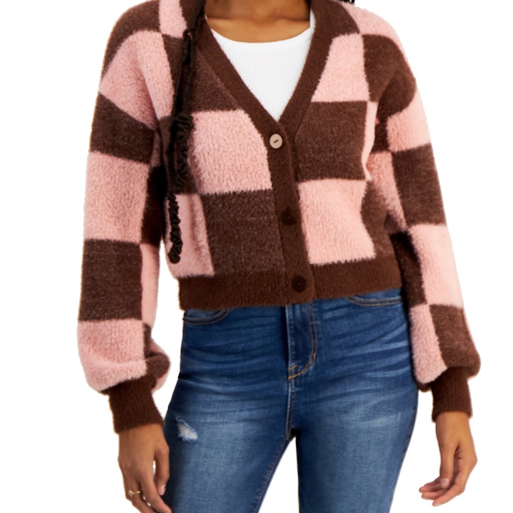 Crave Fame Blue and Brown Plaid Cardigan